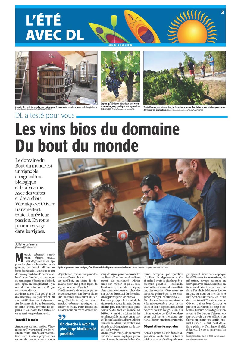 LES VINS BIOS DU DOMAINE DU BOUT DU MONDE